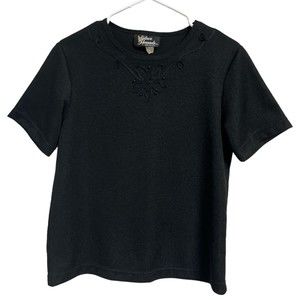 Vintage Silver Threads Black Beaded Blouse Petite Size Small Short Sleeve Shirt